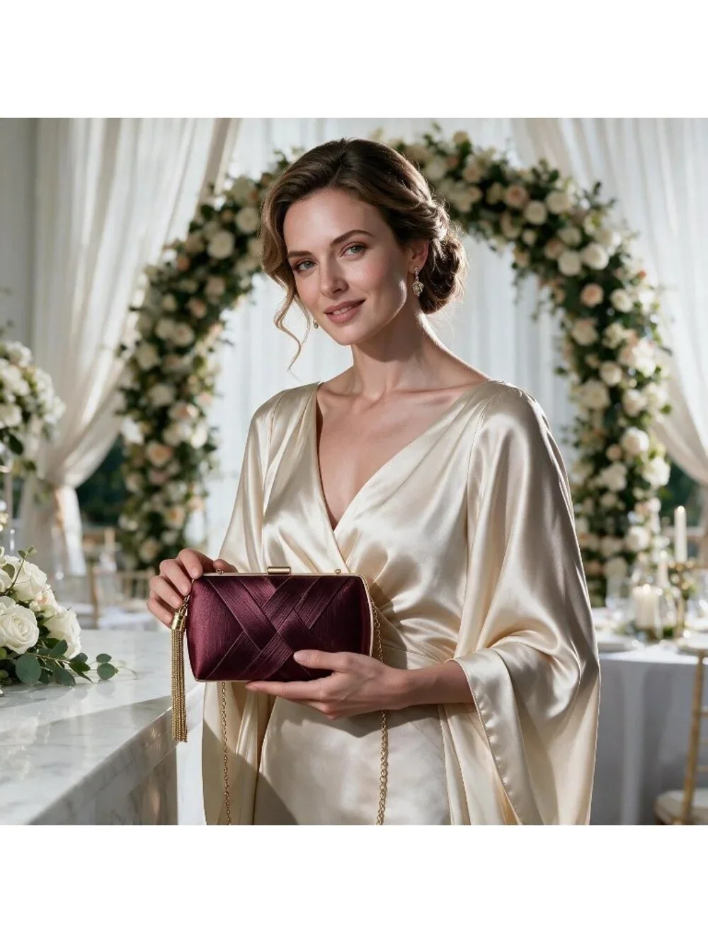 Women's Claret Silk Satin Clutch Purse Pearl Tassel With Chain Evening Bag